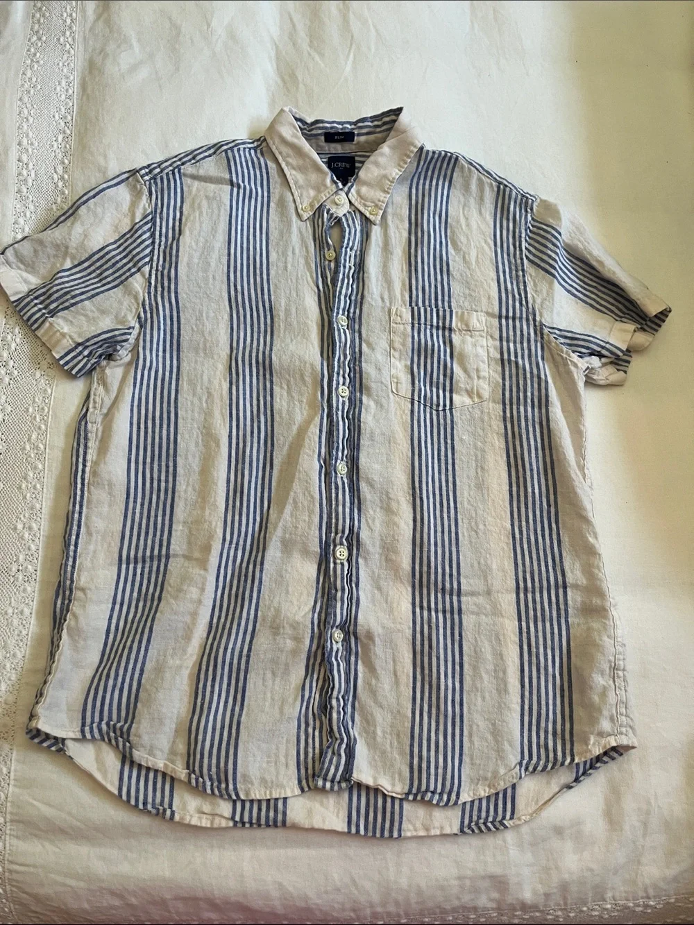 J. Crew Blue & White Linen Blend Short Sleeved Button Down Shirt, Size Large